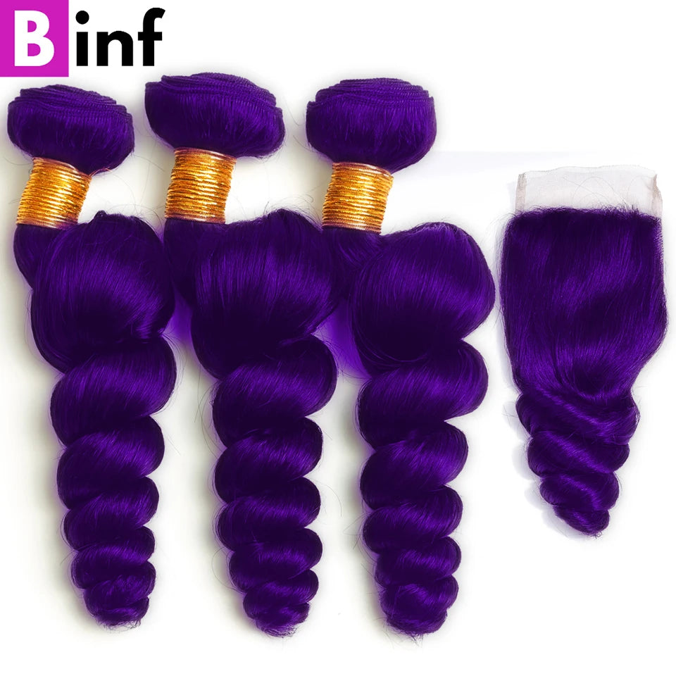 Lace Frontal Preplucked Purple Loose Wave Remy Bundles with Closure