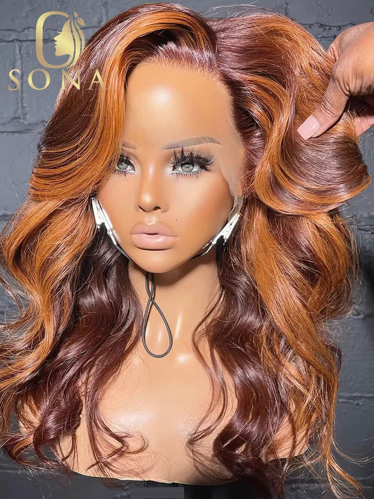 Lace Front Transparent Pre Plucked Brown Stripe Ginger/Brown Highlights Body Wave Human Hair Wigs