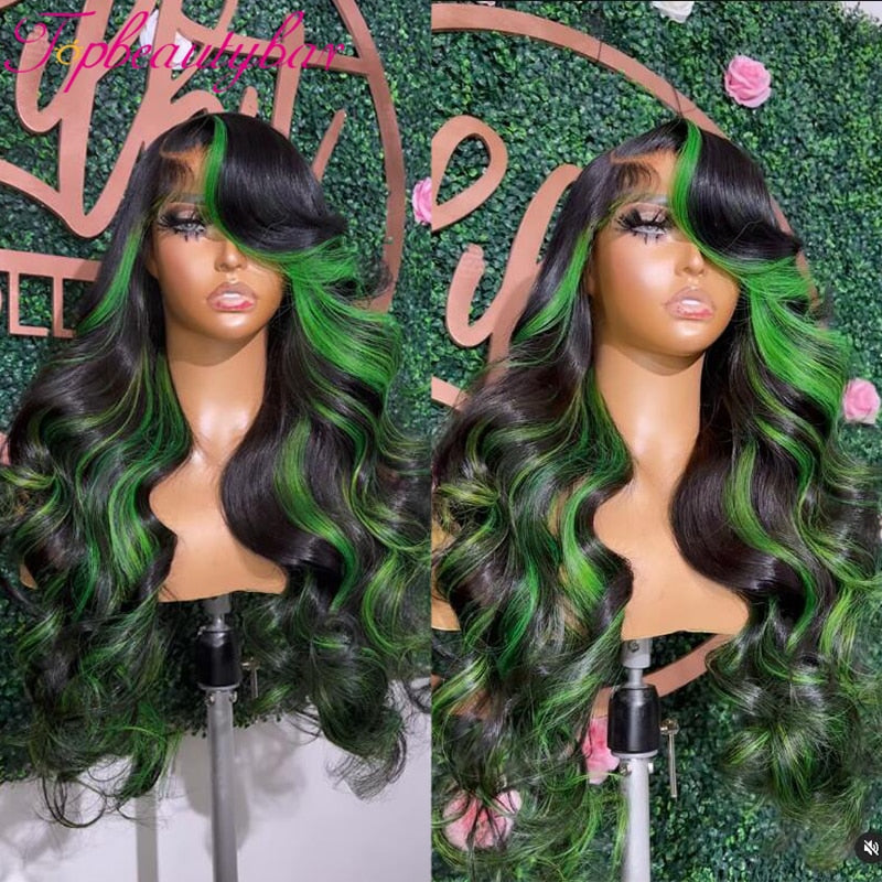 Lace Front Green Highlight Human Hair Remy Wavy Wigs
