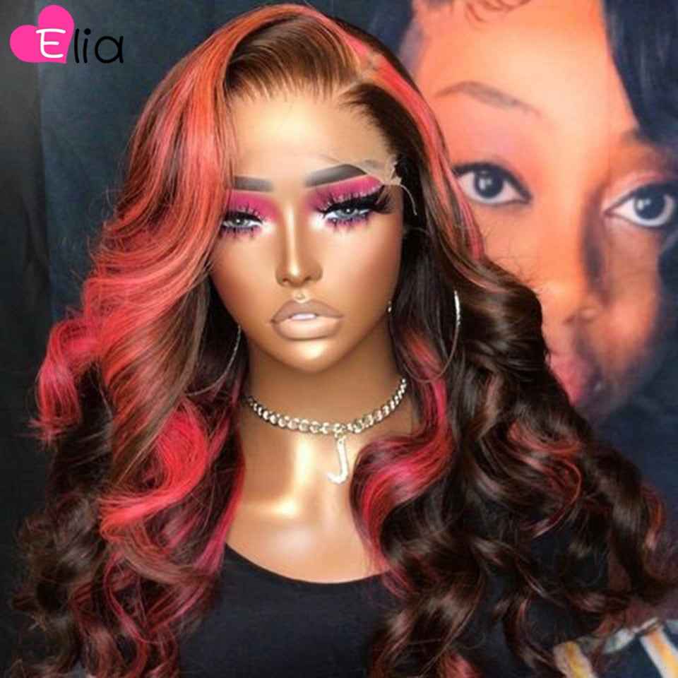 Lace Front Human Remy with Baby Hair Pink Highlight Body Wave Wig