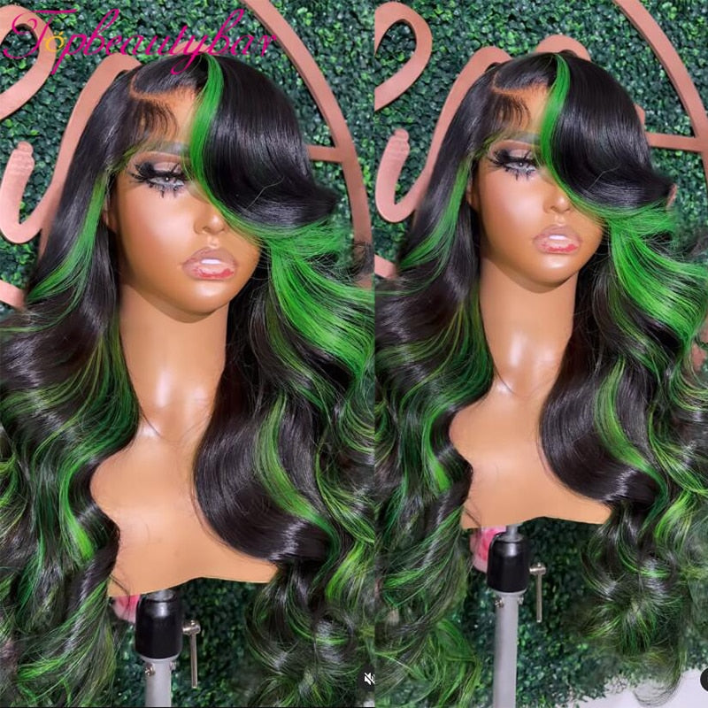 Lace Front Green Highlight Human Hair Remy Wavy Wigs