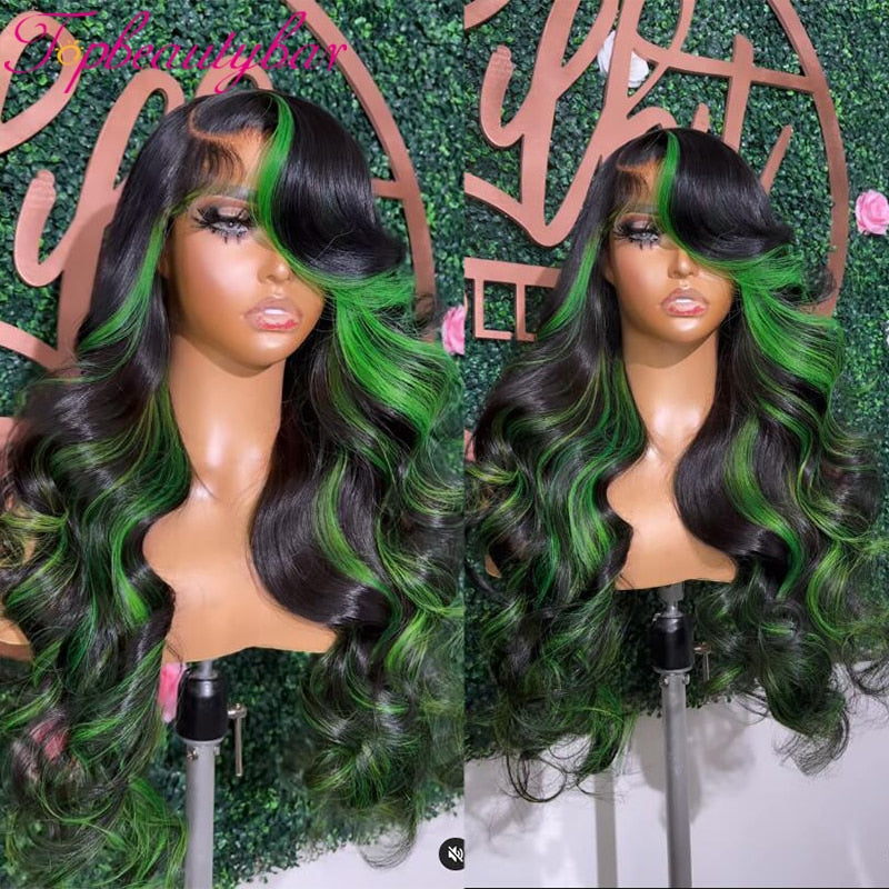 Lace Front Green Highlight Human Hair Remy Wavy Wigs