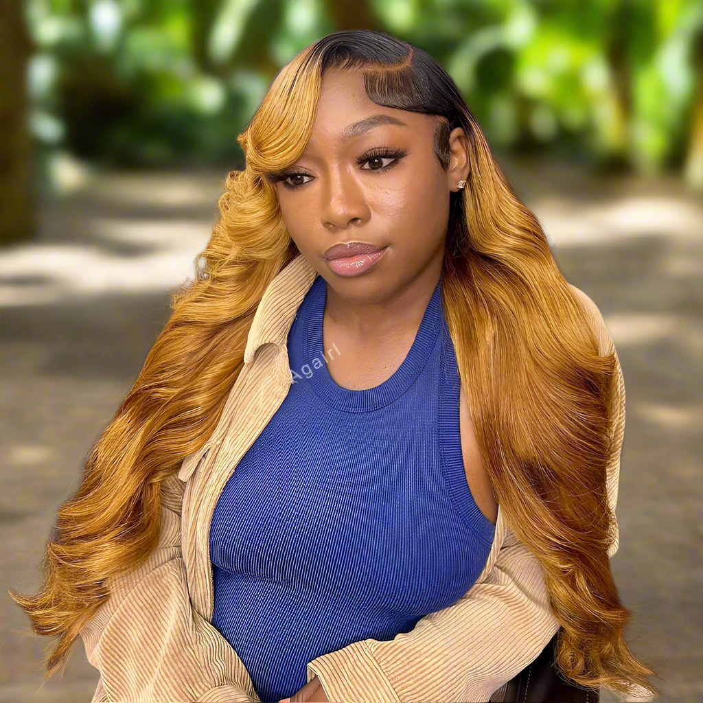 Lace Front PrePlucked Transparent Black Roots Ginger Blonde Body Wave Human Hair Wigs