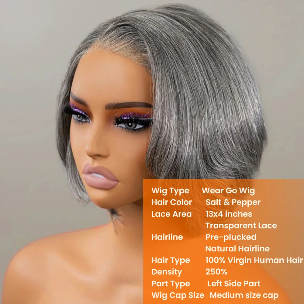 Grey human lace front wig by JNETTE CHANEL, glueless lace wig with natural hair texture and breathable cap design.
