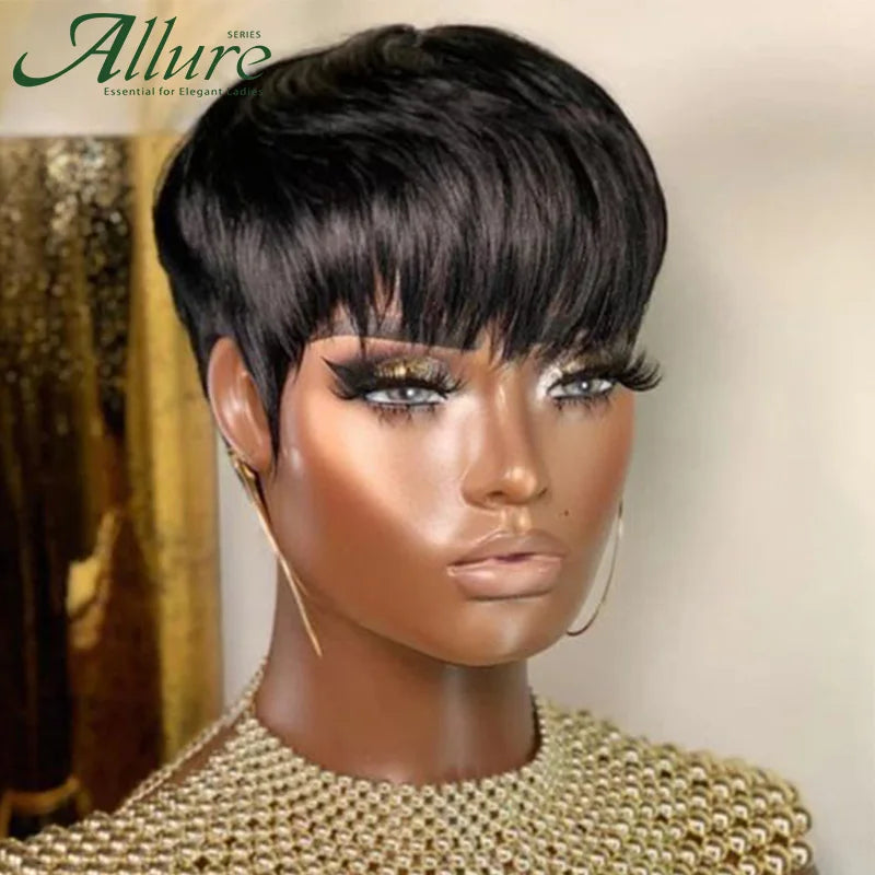 Glueless Pixie Cut Short Human Hair Straight Hair With Bangs Wigs