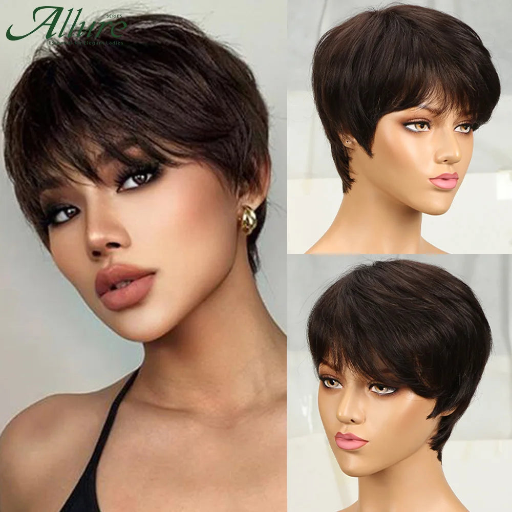 Glueless Pixie Cut Short Human Hair Straight Hair With Bangs Wigs