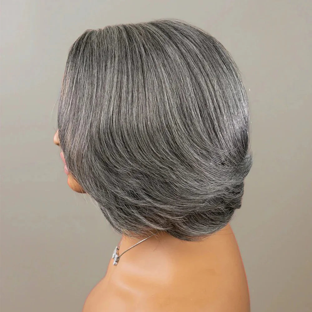 Grey glueless lace front human hair wig by JNETTE CHANEL, showcasing natural-looking hair with lace front design for a seamless style.
