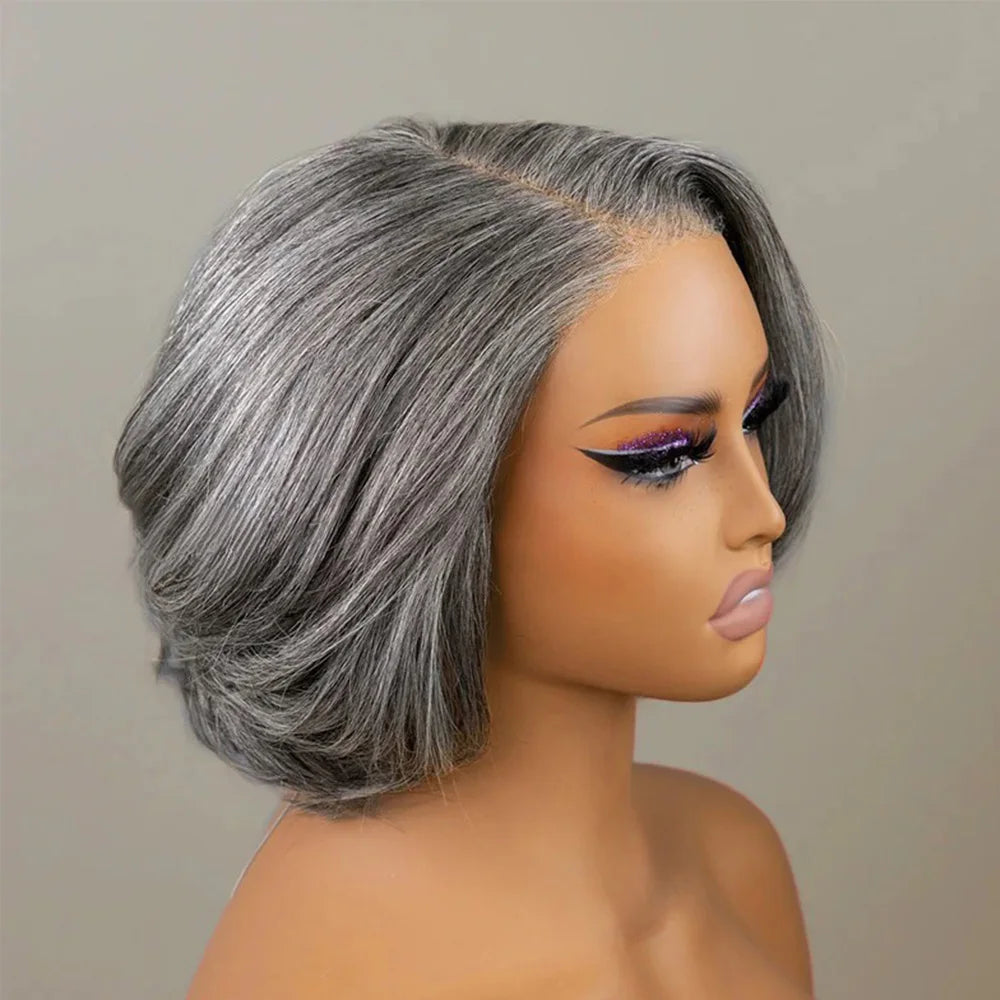 Gray glueless lace front human hair wig by JNETTE CHANEL, showing the natural hairline and full lace construction.