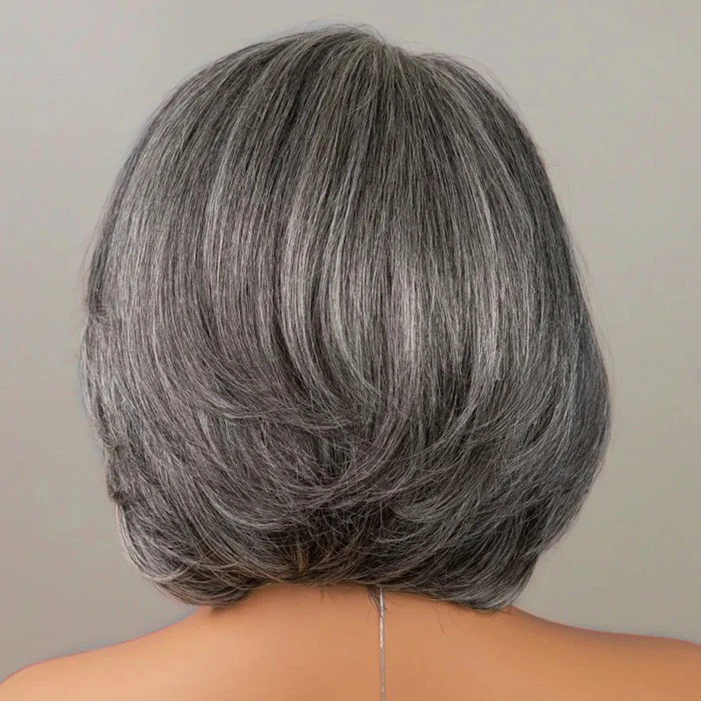 JNETTE CHANEL grey glueless lace front human hair wig with natural hair texture and lace front design for a seamless look.