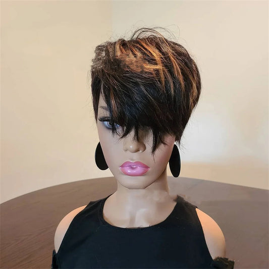 Pixie cut Synthetic Short Brown Mix Black Blonde With Bangs