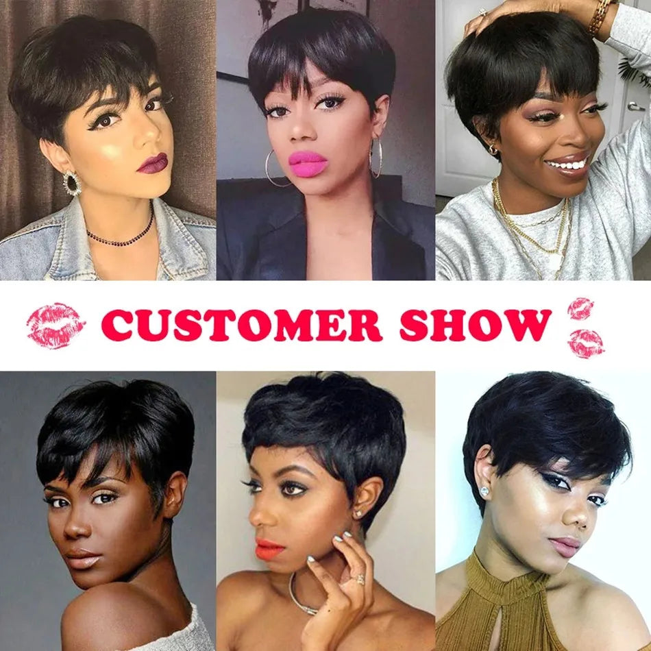 JNETTE CHANEL Pixie Cut Brazilian human hair wig with bangs, lace front, natural texture, and sleek styling.
