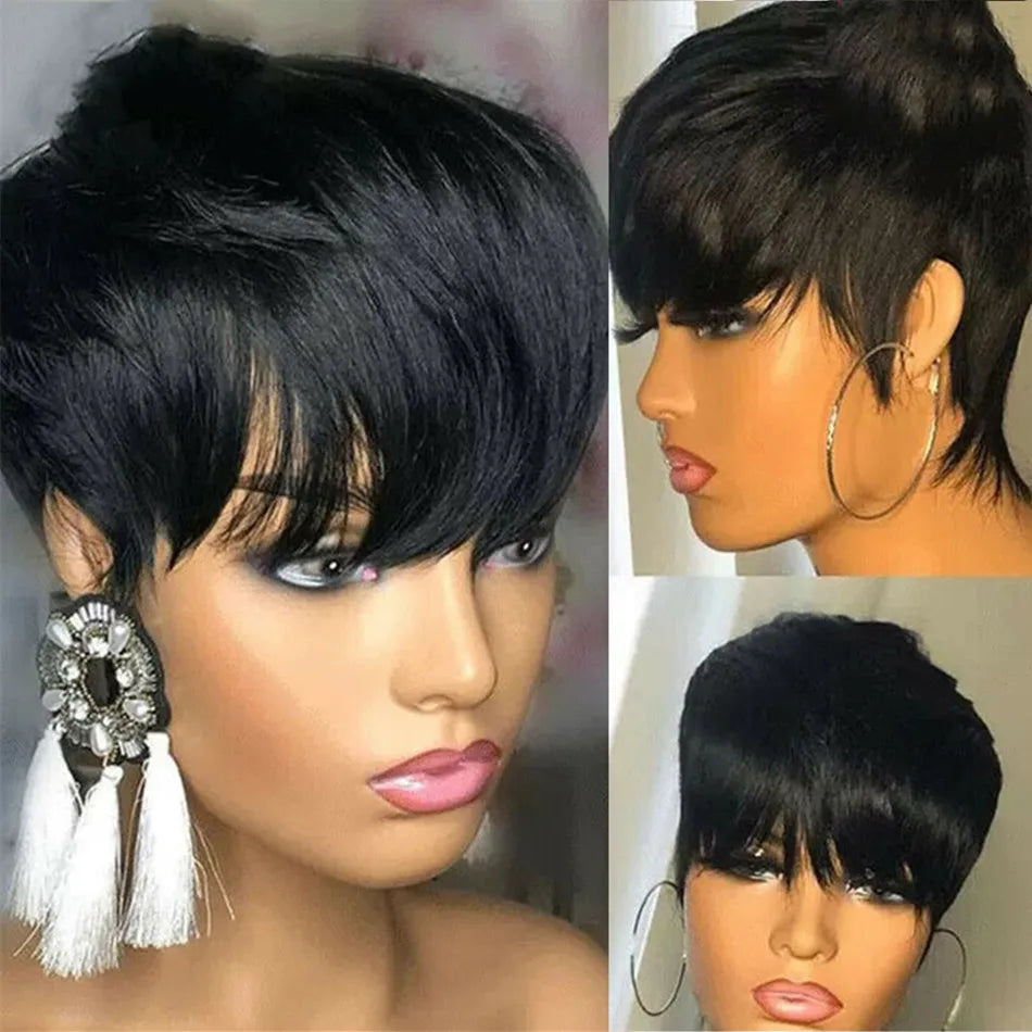 Brazilian human hair wig with a pixie cut and bangs, JNETTE CHANEL lace wig for natural-looking beauty and versatile styling.