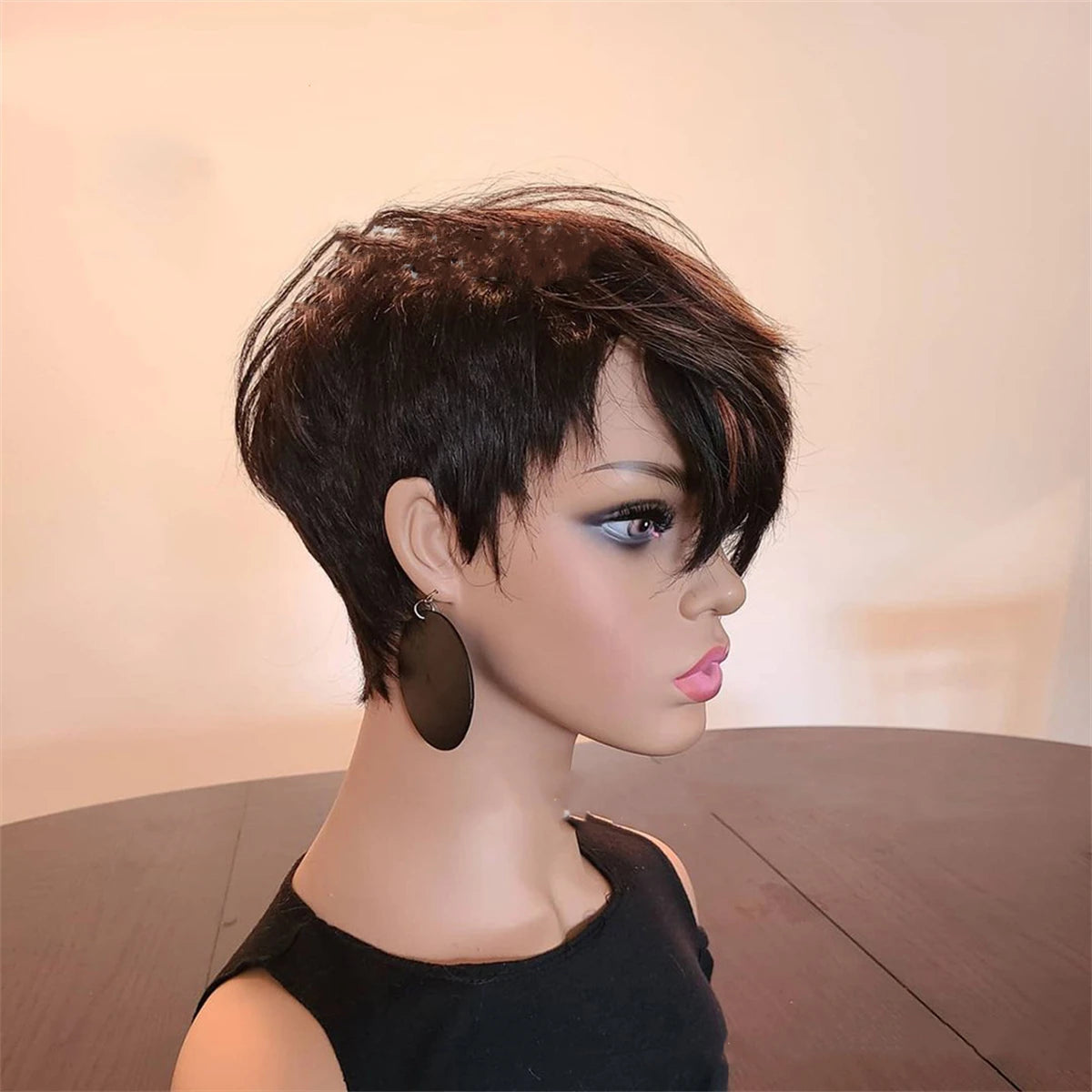 Pixie cut Synthetic Short Brown Mix Black Blonde With Bangs