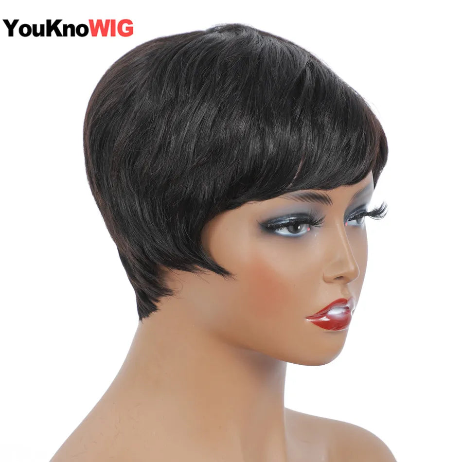 Brazilian human hair wig with bangs from JNETTE CHANEL featuring a stylish pixie cut lace wig for natural, versatile styling.