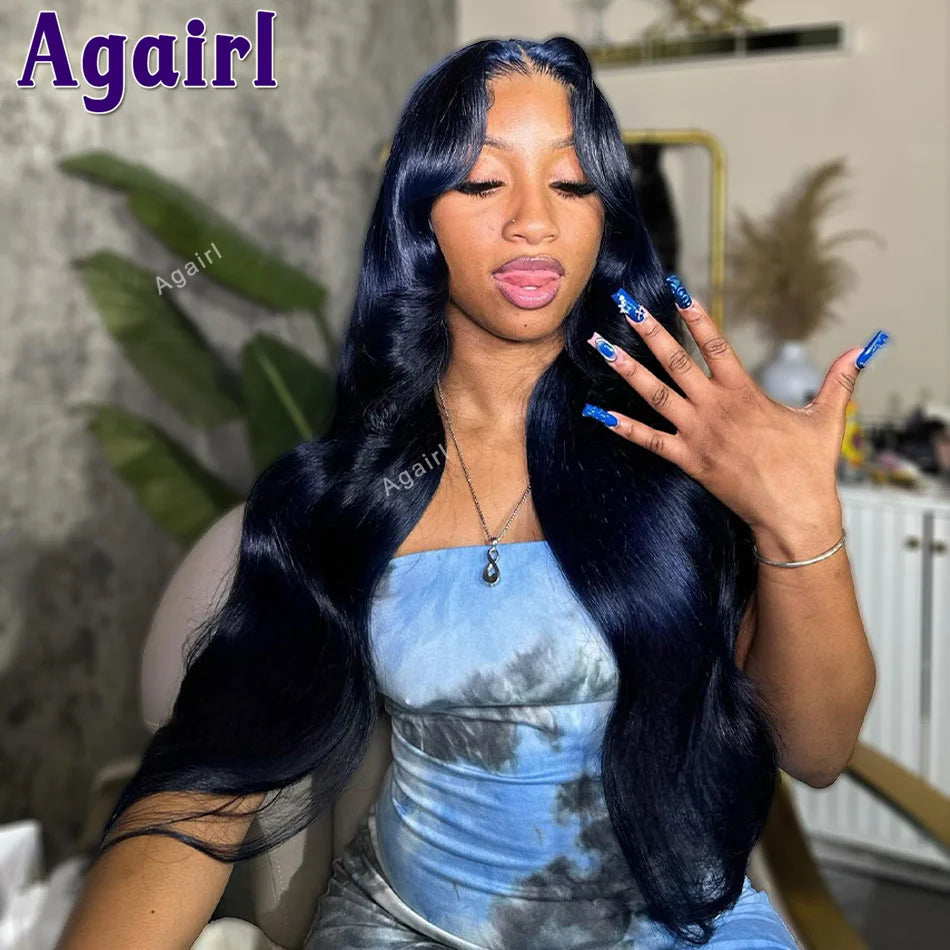 Midnight blue human hair lace front wig with body wave texture, pre-plucked hairline, by JNETTE CHANEL, for natural-looking styling.