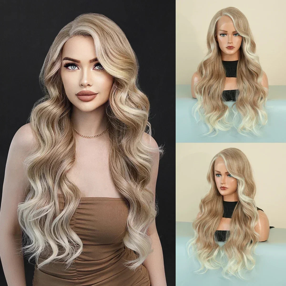 Synthetic Heat Resistant Lace Front HD Transparent Ombre  Body Wavy  with Bangs Wigs