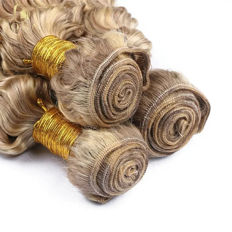 Honey Blonde Highlight Bundles Deep Curly Human Remy Hair Weave