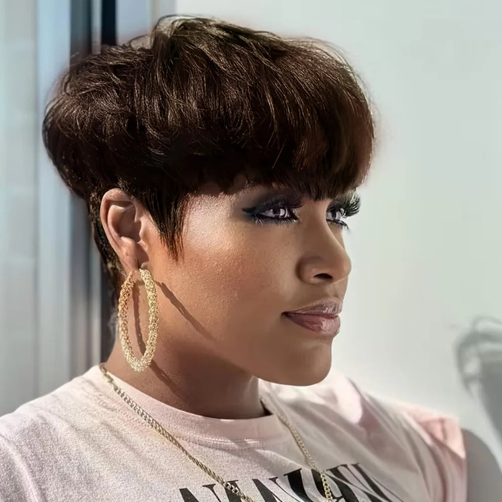 JNETTE CHANEL pixie cut human hair wig with lace front, natural black color, styled in a sleek, short hairstyle.