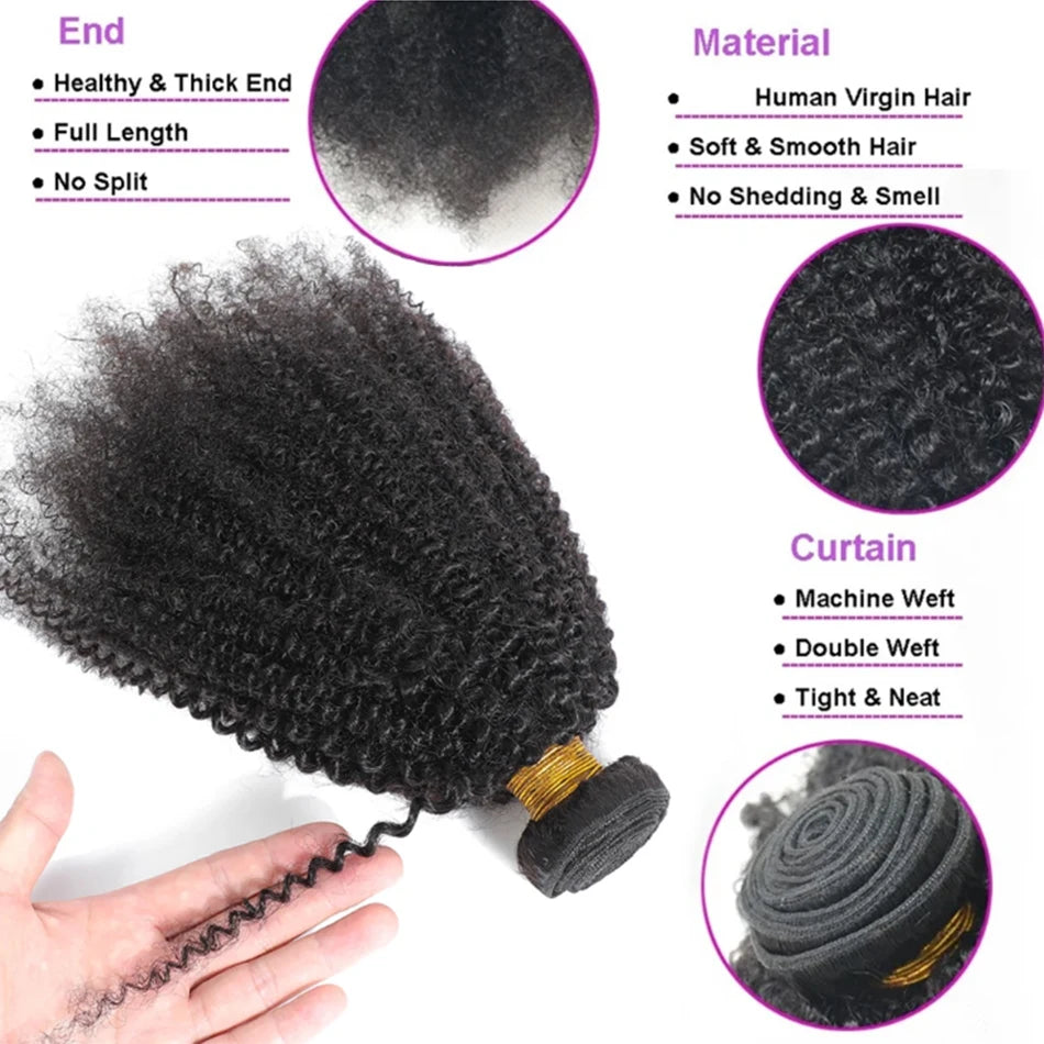 Luxury Brazilian Afro Kinky Curly Human Hair Bundles – Premium Natural Texture, Full & Voluminous Curls, 8–24”