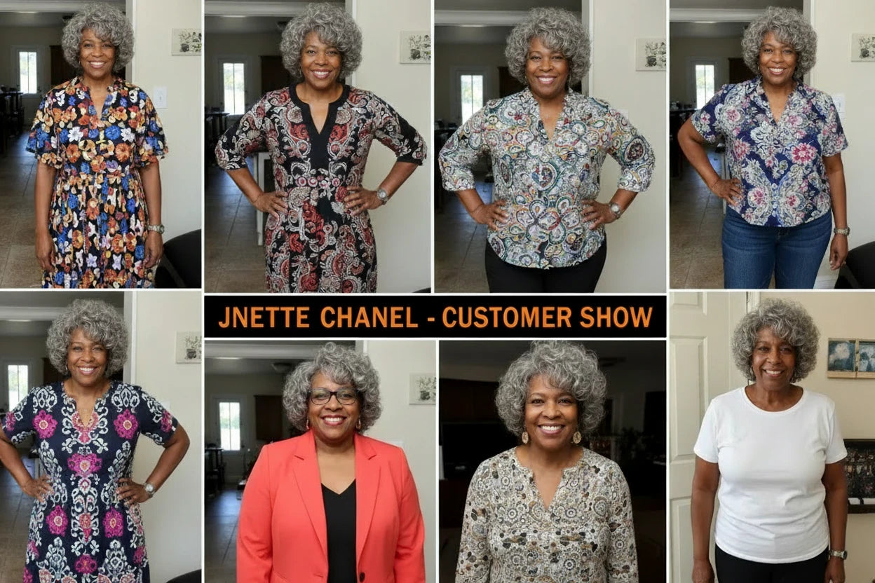 Salt and pepper curly Brazilian virgin human hair wig with lace front, styled in loose curls, by JNETTE CHANEL.
