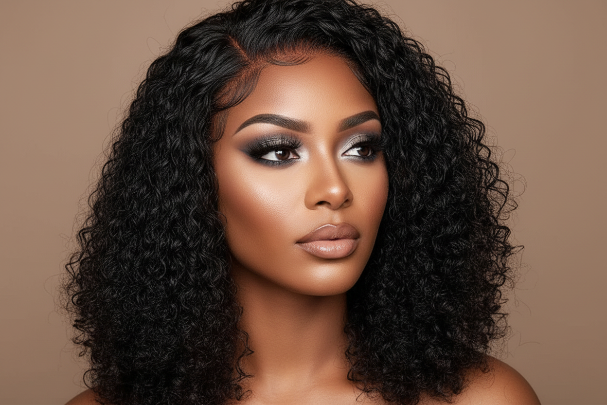 JNETTE CHANEL glueless kinky curly lace front human hair wig with pre-plucked hairline, showcasing the natural kinky curly texture.