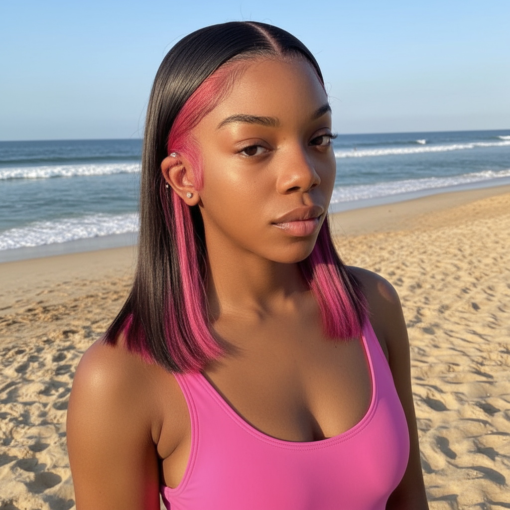 Synthetic  Heat Resistance Lace Front Black/Pink Highlight Short Bob Wigs