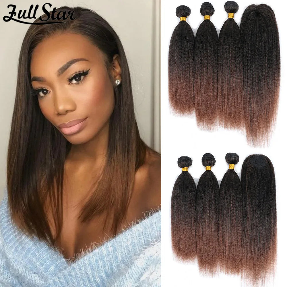 Yaki Straight Hair Bundle with Closure – Heat-Resistant Synthetic Weave Hair Extensions