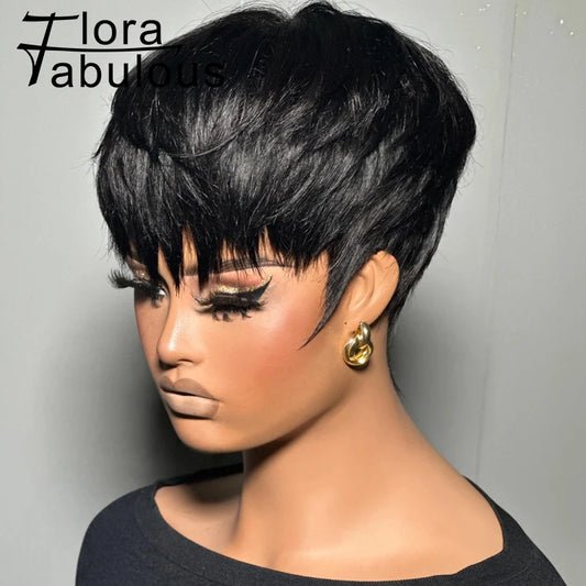 Glueless Pixie Cut Short Layered Wigs with Bangs Brazilian Human Hair