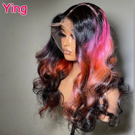 Lace Front Pre Pluck Brazilian Human Hair Body Wave Ombré Pink Orange  Wig