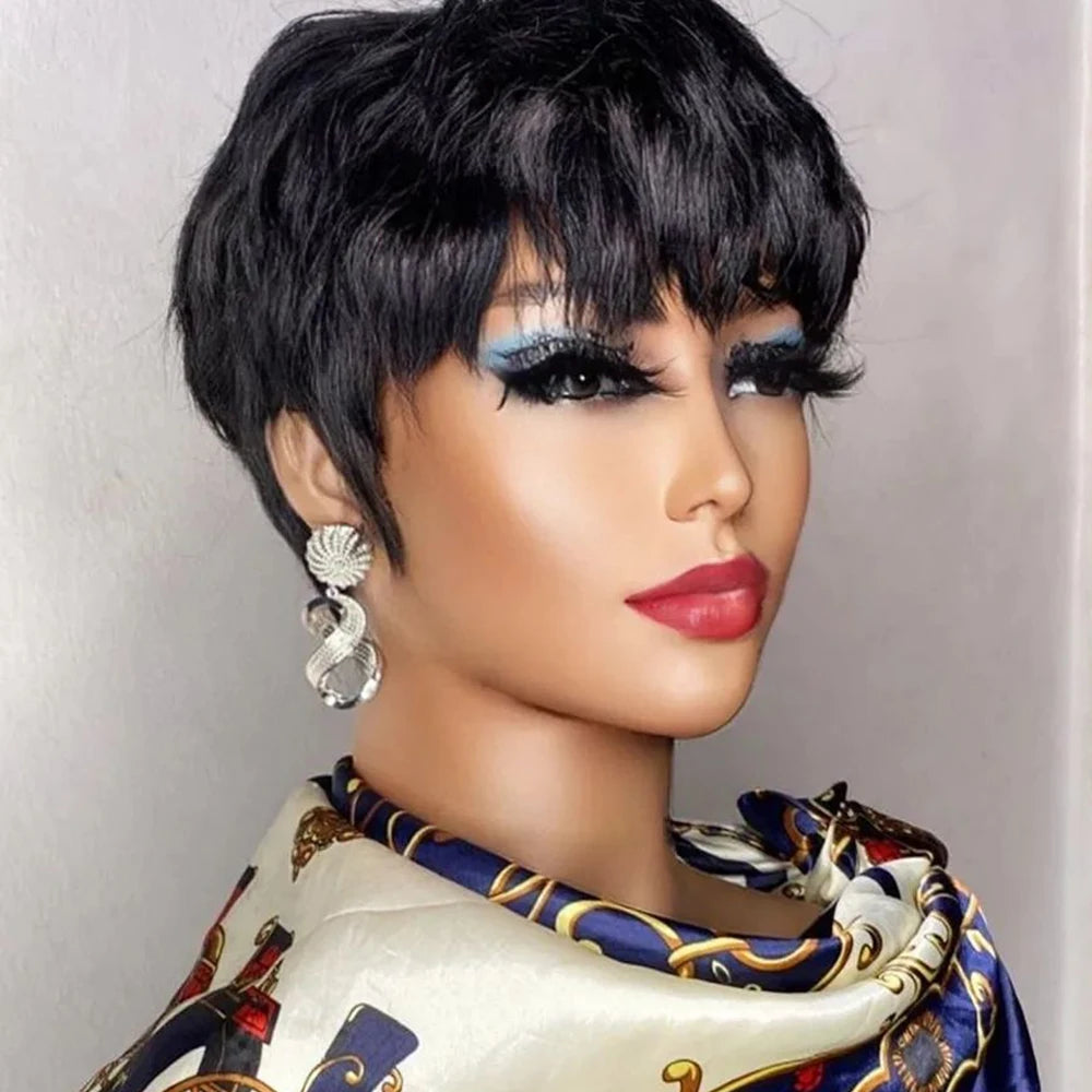 Pixie Cut Brazilian Human Hair With Bangs  Wigs