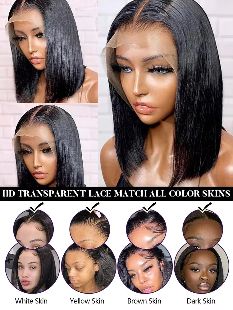 Glueless Lace Front Transparent Bob Human Hair Straight Wigs