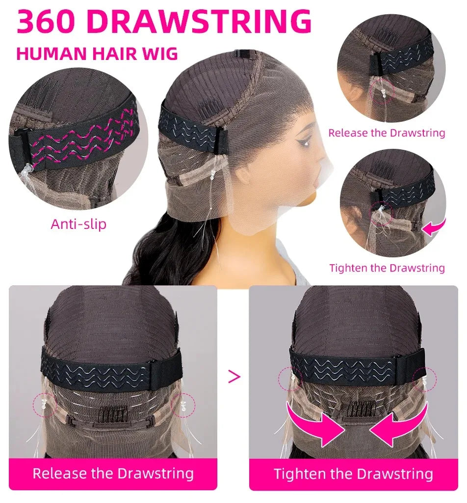 Glueless Lace Front HD Body Wave Brazilian Virgin  Human Hair Wig With Drawstring