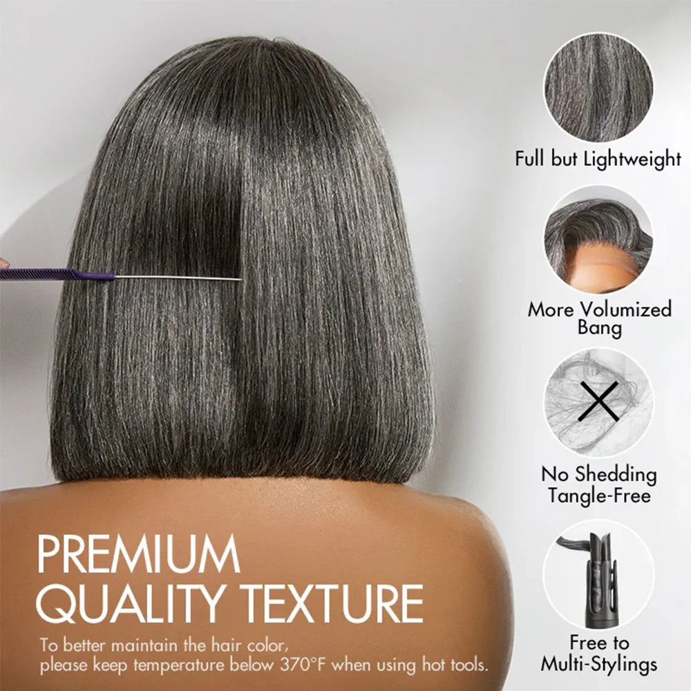 Salt and pepper human hair lace front bob wig by JNETTE CHANEL featuring straight style and natural-looking lace front for a chic look.