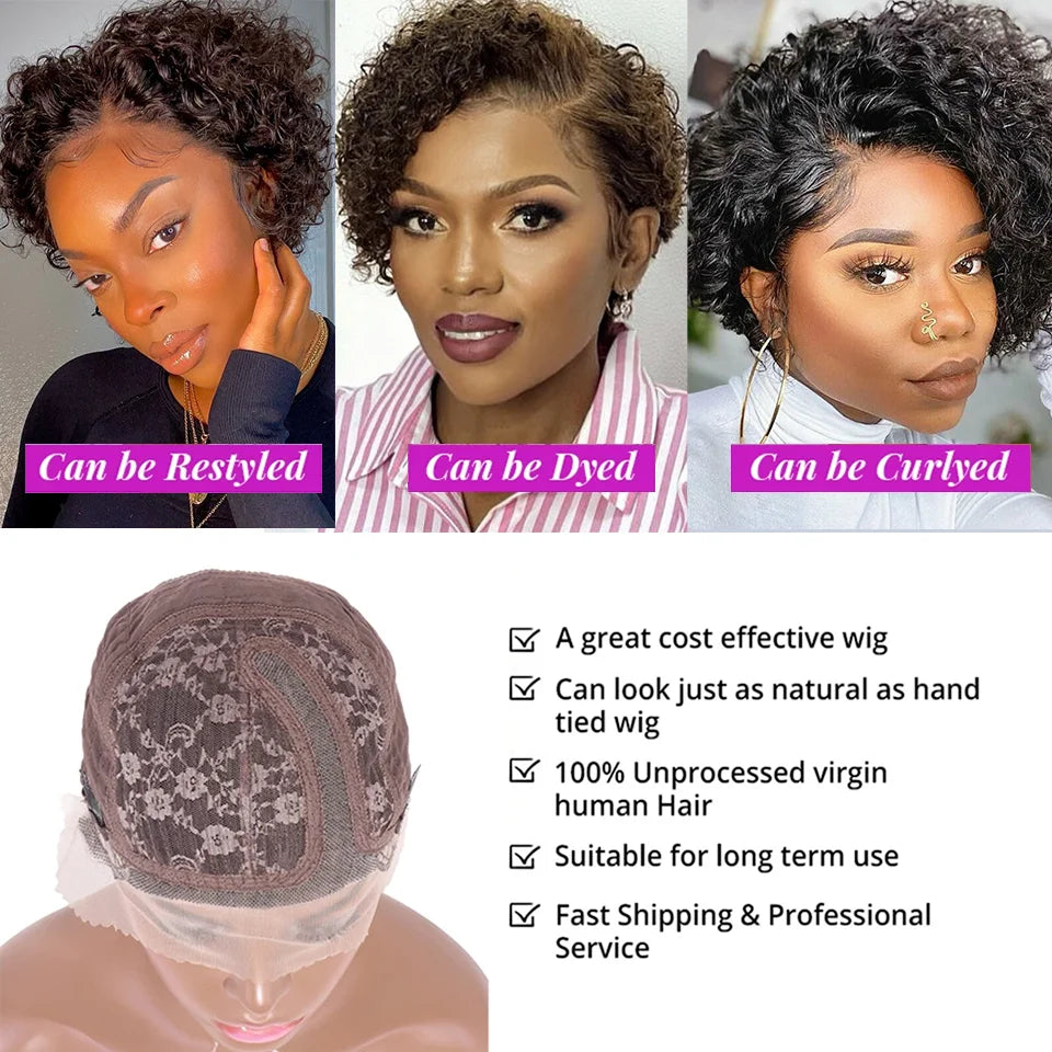JNETTE CHANEL curly short pixie cut lace front human Peruvian hair wig with preplucked hairline, natural curl pattern and lace front design.