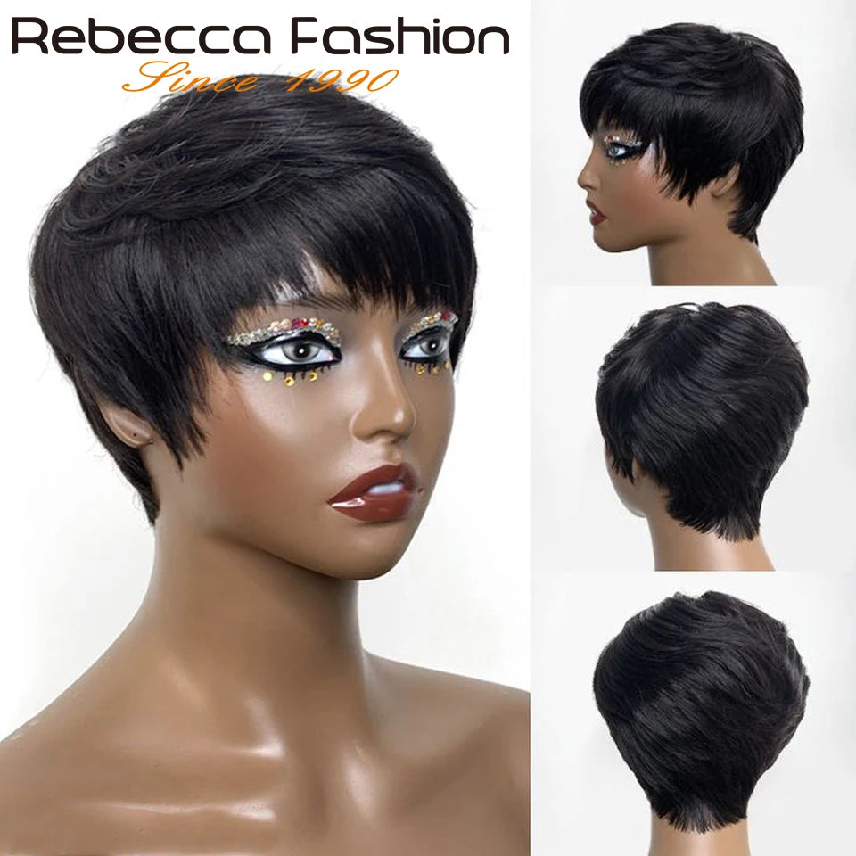 Pixie  Cut Straight Brazilian Human Hair With Bangs Wigs