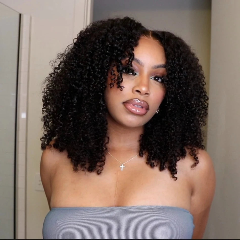 JNETTE CHANEL glueless pre-cut HD transparent kinky curly human hair wig with natural hair texture and lace front for a seamless look.