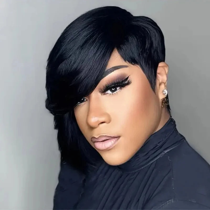 JNETTE CHANEL pixie cut human hair wig with bangs, featuring a lace wig design and natural-looking short hairstyle.