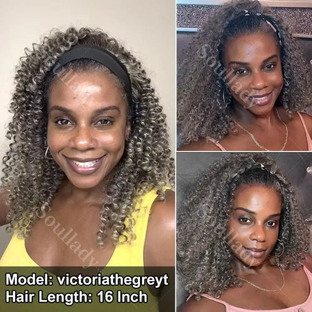 Glueless  Gray Headband Human Hair Brazilian Kinky Wigs