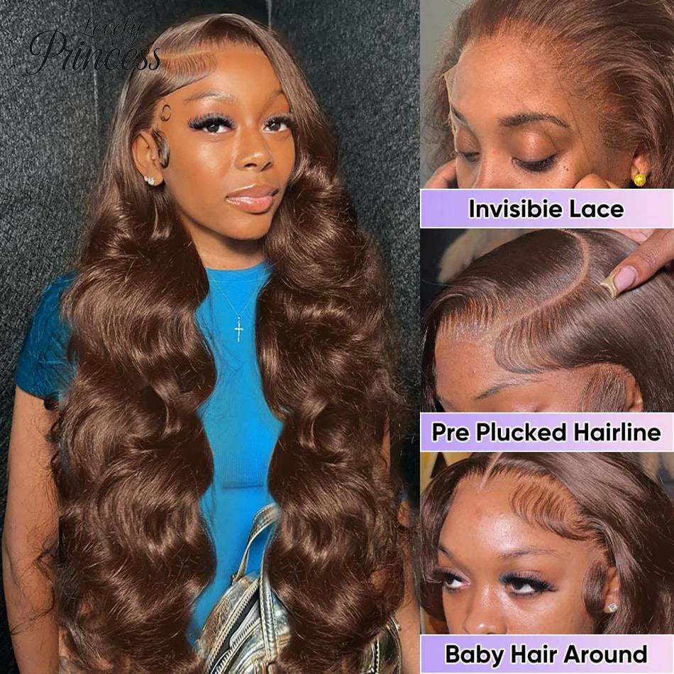 JNETTE CHANEL lace front transparent HD chocolate brown body wave human hair wig showing the textured waves and lace front detail.