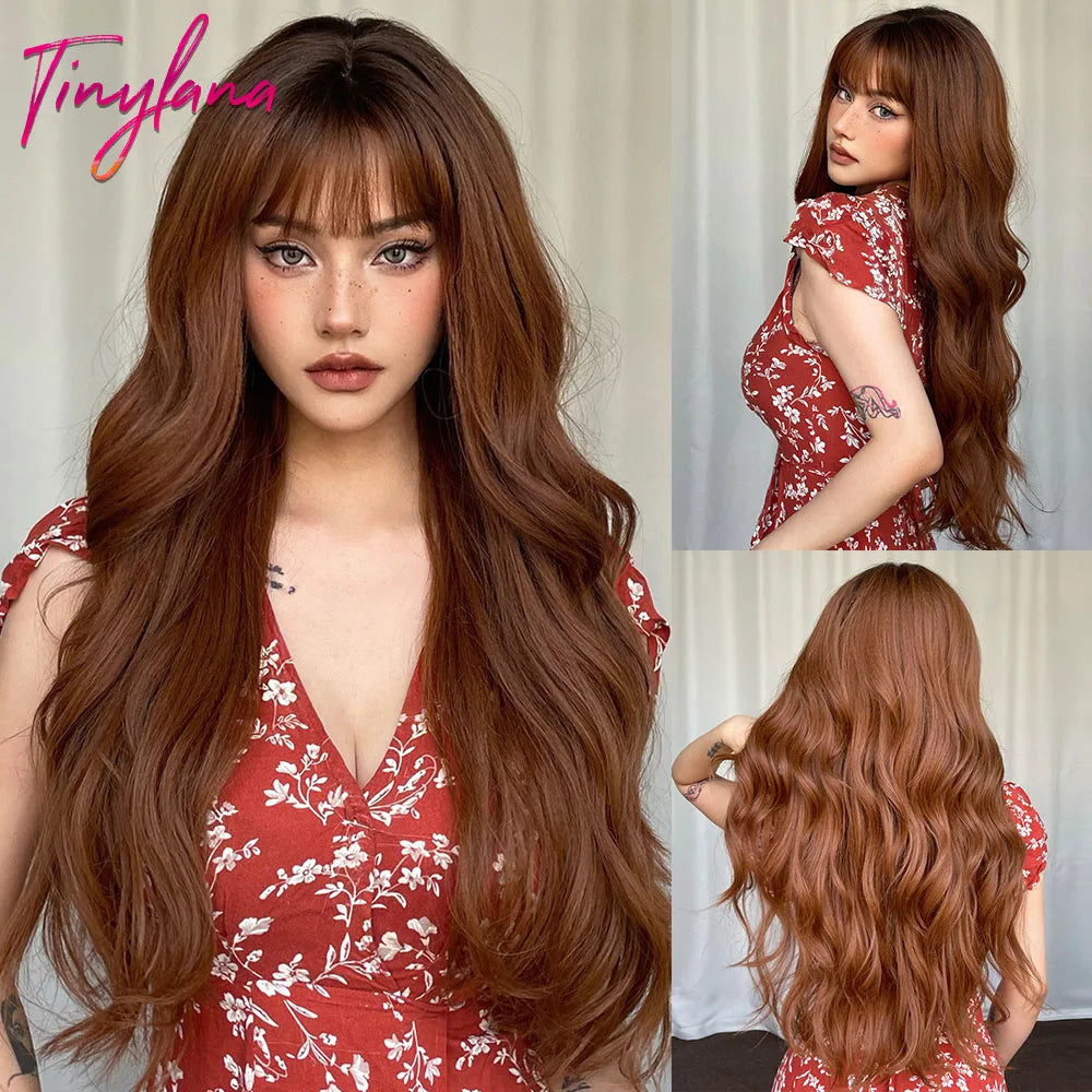 Synthetic Heat Resistant Curly Ombre Long Wavy Wigs with Bangs