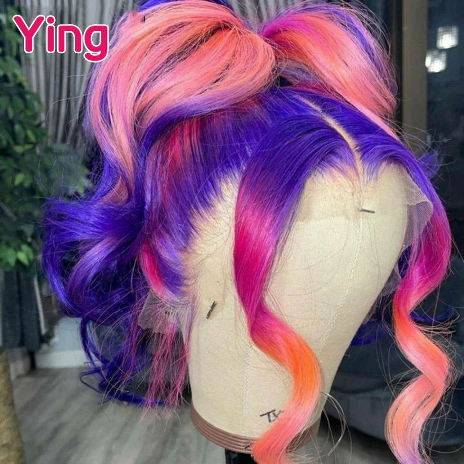 Lace Front Purple Pink with Orange Body Wave Human Hair PrePlucked With Baby Hair Wigs
