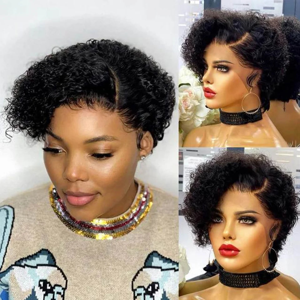 JNETTE CHANEL curly pixie cut lace front human hair wig with preplucked hairline, short bob style, Peruvian human hair for natural look