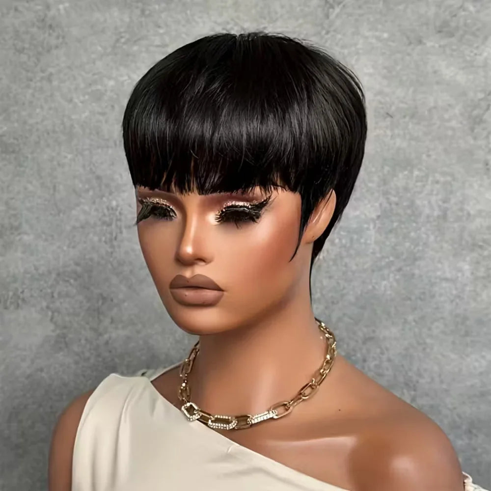 JNETTE CHANEL pixie cut human hair wig with lace front, showcasing short, layered style and natural hair texture.