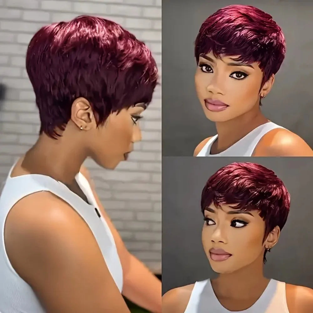 JNETTE CHANEL pixie cut wig with bangs, Brazilian Remy human hair, lace wig style, showcasing short layered hair with natural texture.