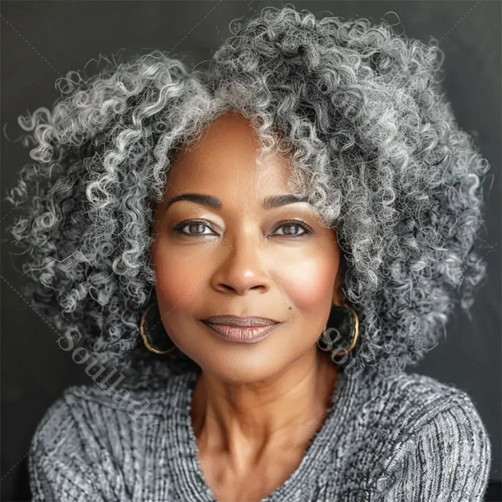 Glueless Silver Gray Kinky Curly V-Part  Human Hair Wigs