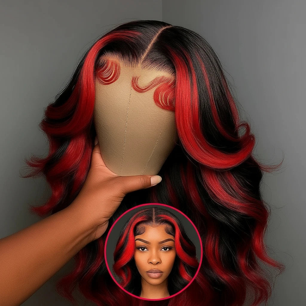 Black and red ombré glueless lace front human hair wig with body wave texture from JNETTE CHANEL, showcasing the wig's vibrant color and style.