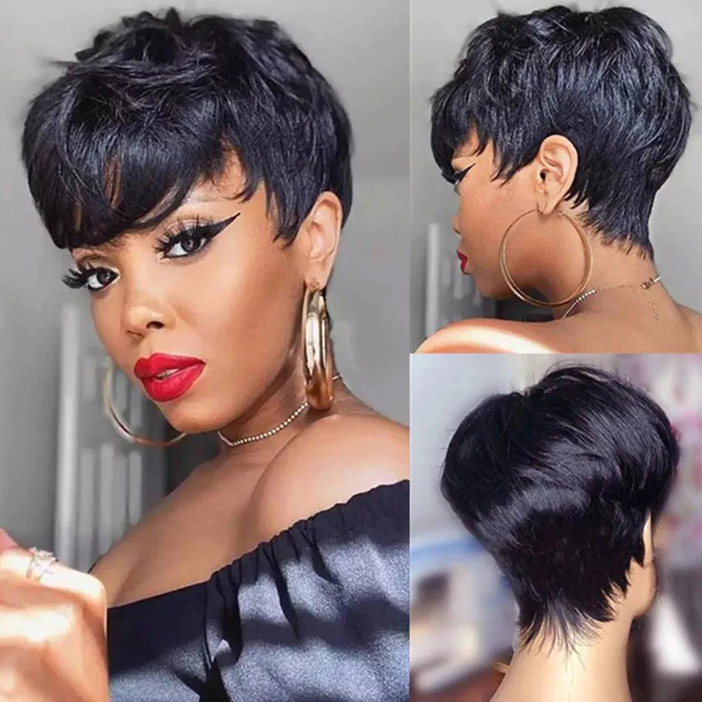 Pixie Cut  Short Human Hair  With Bangs Wig
