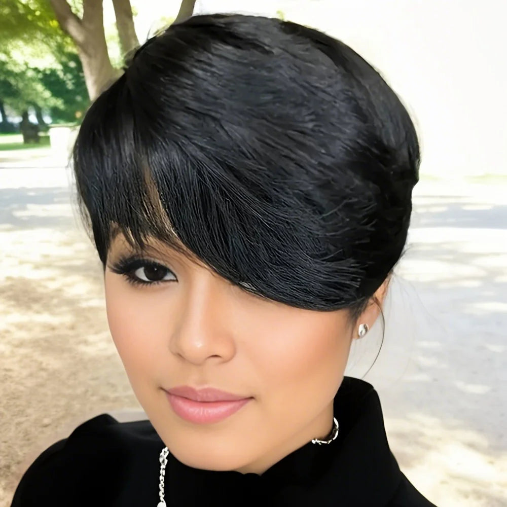 Pixie Cut Human Hair 
with Bangs Wigs