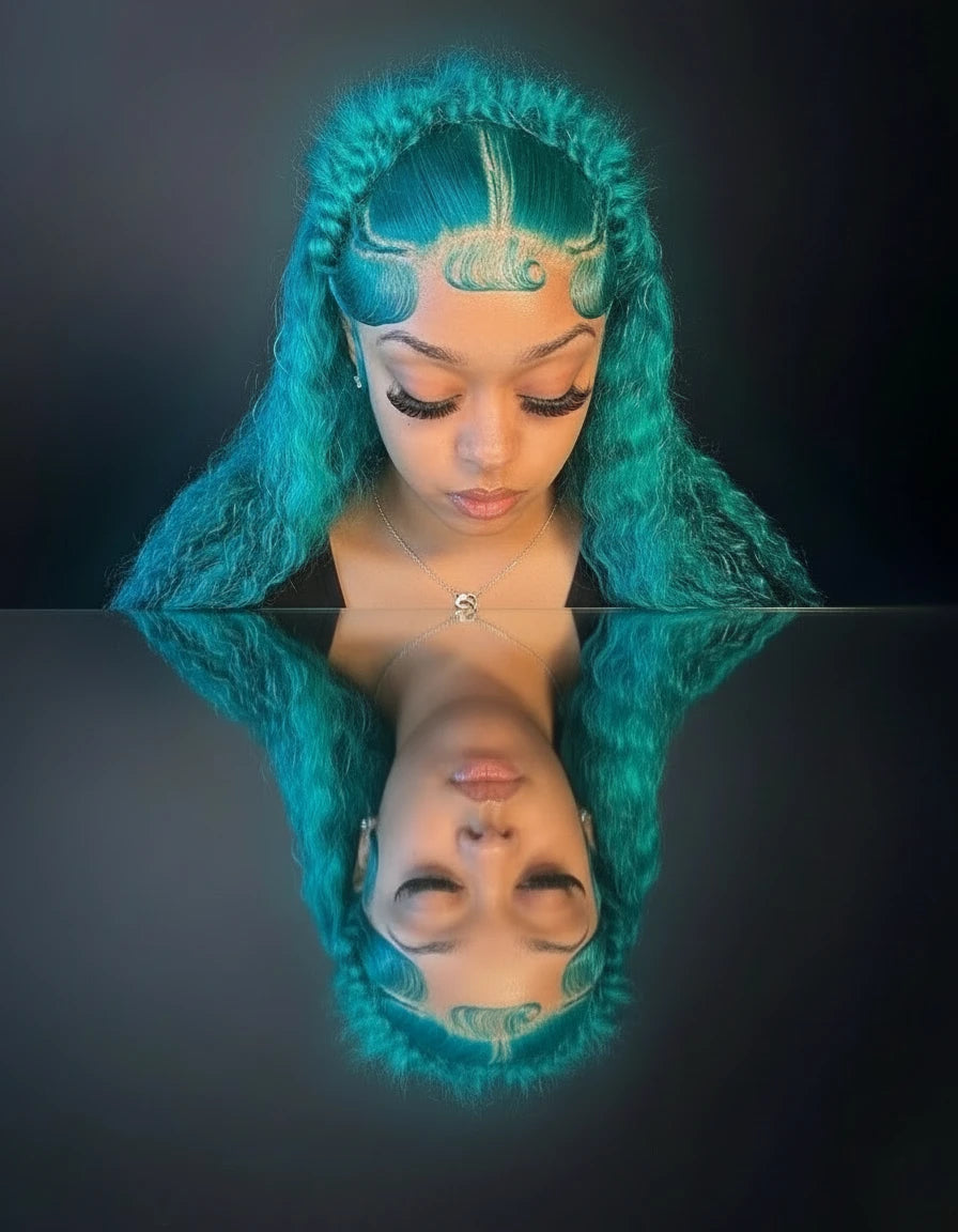 Lace front pre-plucked green deep wave Brazilian human hair wig by JNETTE CHANEL, showcasing lush waves and natural hairline.