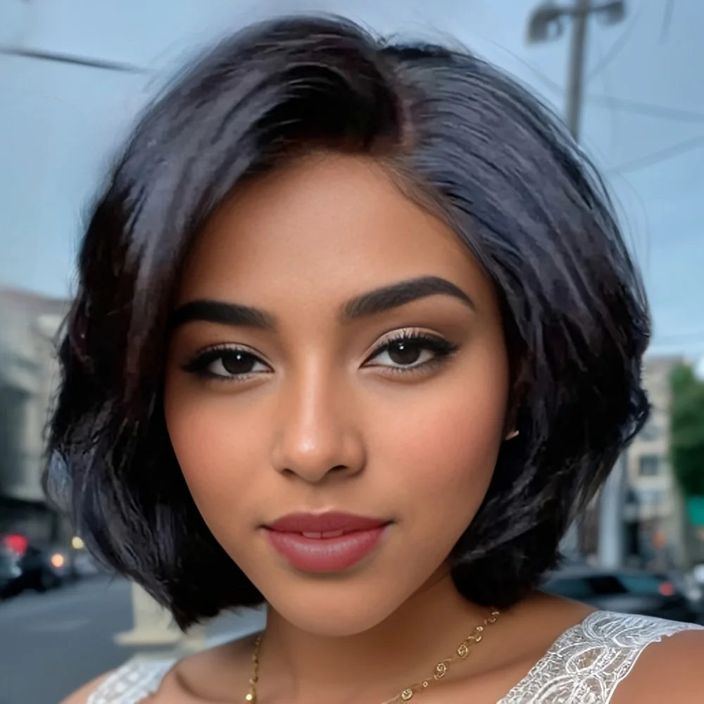 Brazilian human hair wig with lace front and preplucked pixie cut by JNETTE CHANEL, shown in natural light.
